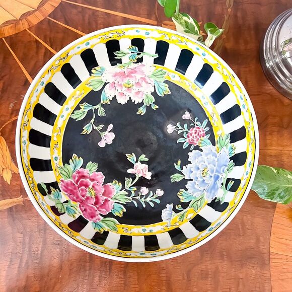 Other - Vintage 10in Japanese Famille Noir Bowl Yamatoku Peony Black White Chinoiserie